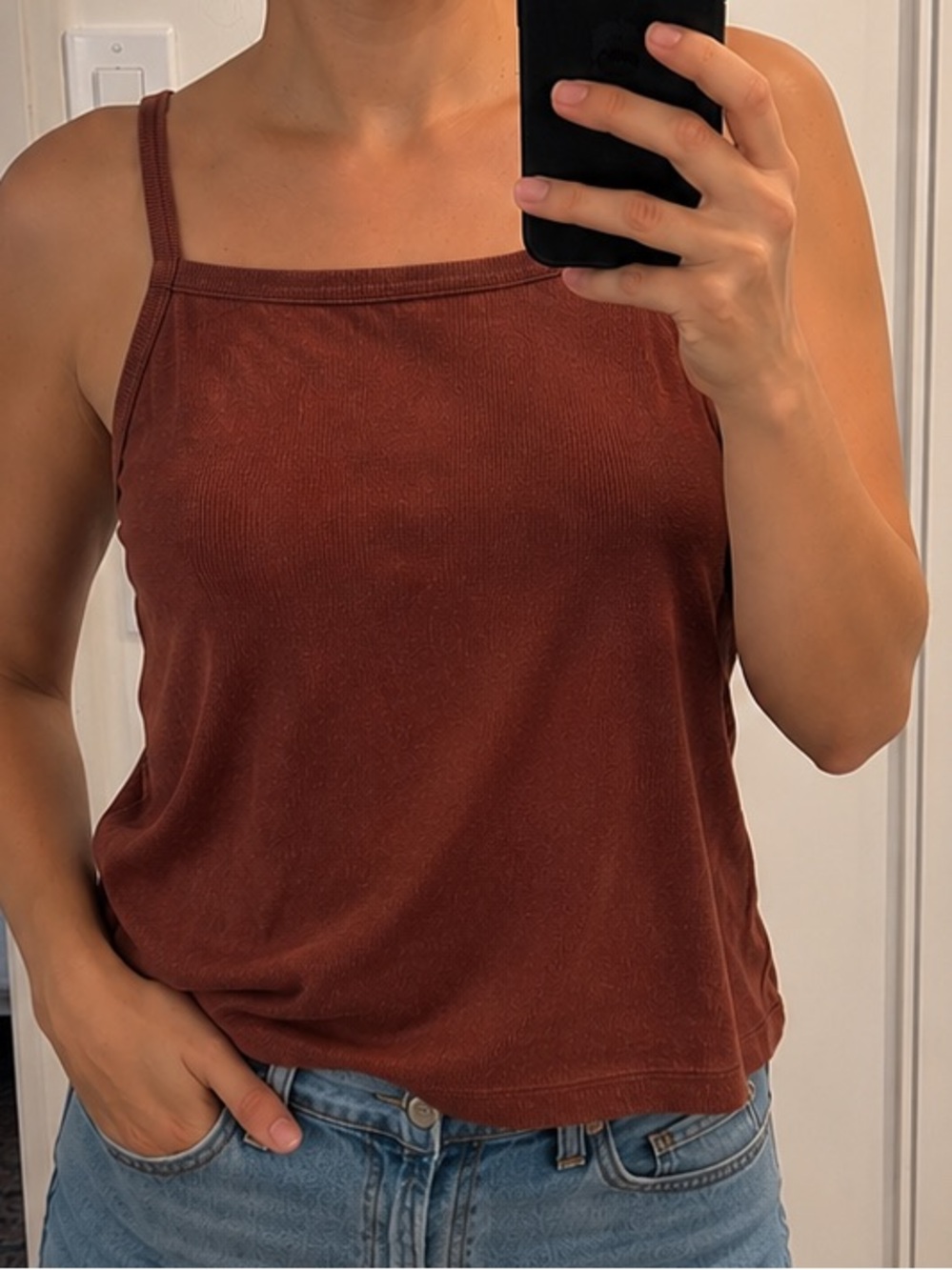 Women’s Brown Ribbed Tank Top - Classic Spaghetti Strap